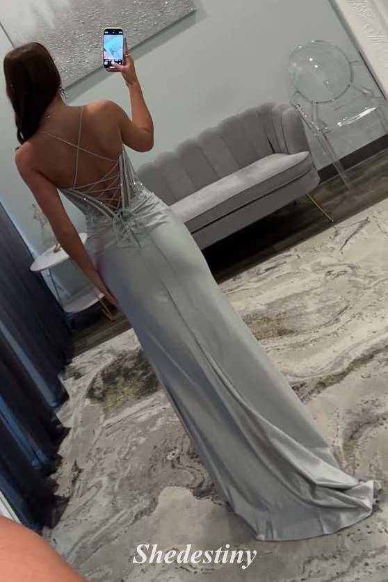 lace up Luxury Sequin Mermaid Pleated Slit Prom Dress 