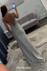 lace up Luxury Sequin Mermaid Pleated Slit Prom Dress 