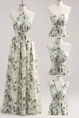 Asymmetrical Straps Green Floral Print Corset A-Line Prom Dress