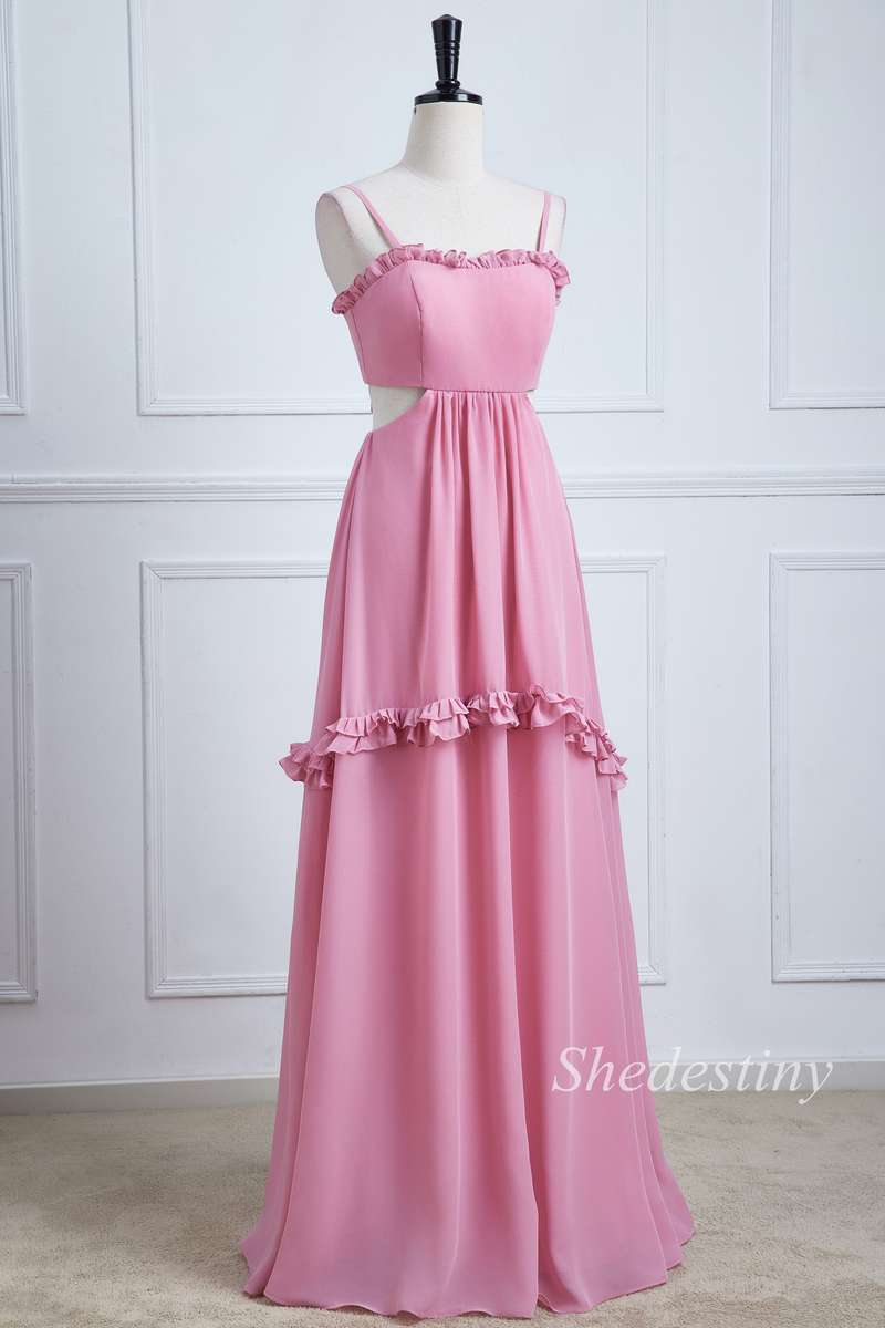 Pink Spaghetti Strap Tie-Back Ruffle Maxi Dress