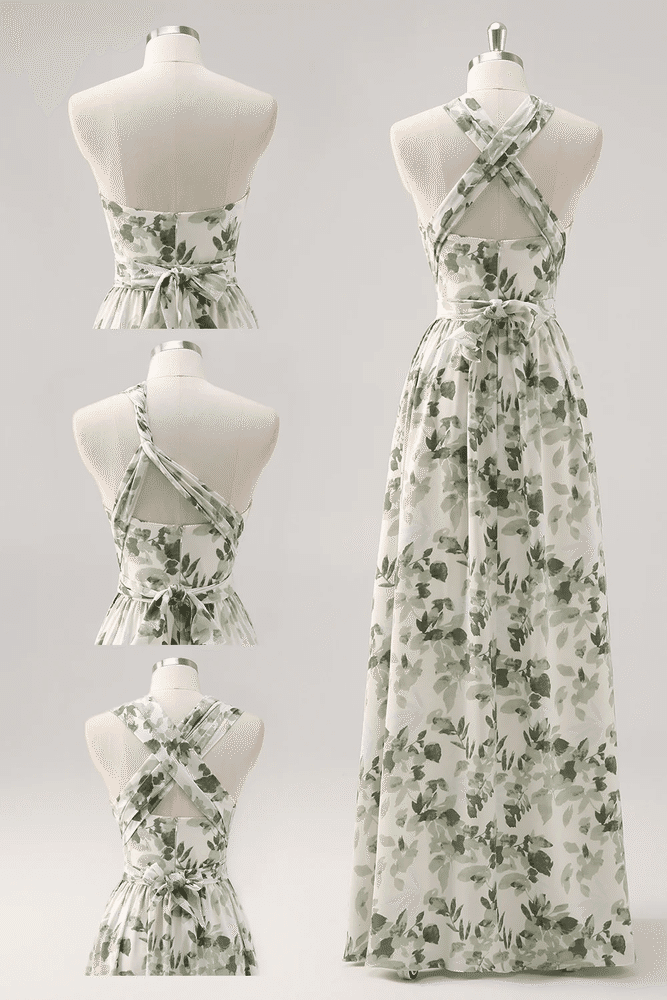 Asymmetrical Straps Green Floral Print Corset A-Line Prom Dress