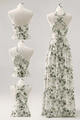 Asymmetrical Straps Green Floral Print Corset A-Line Prom Dress