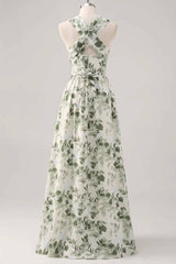 Asymmetrical Straps Green Floral Print Corset A-Line Prom Dress