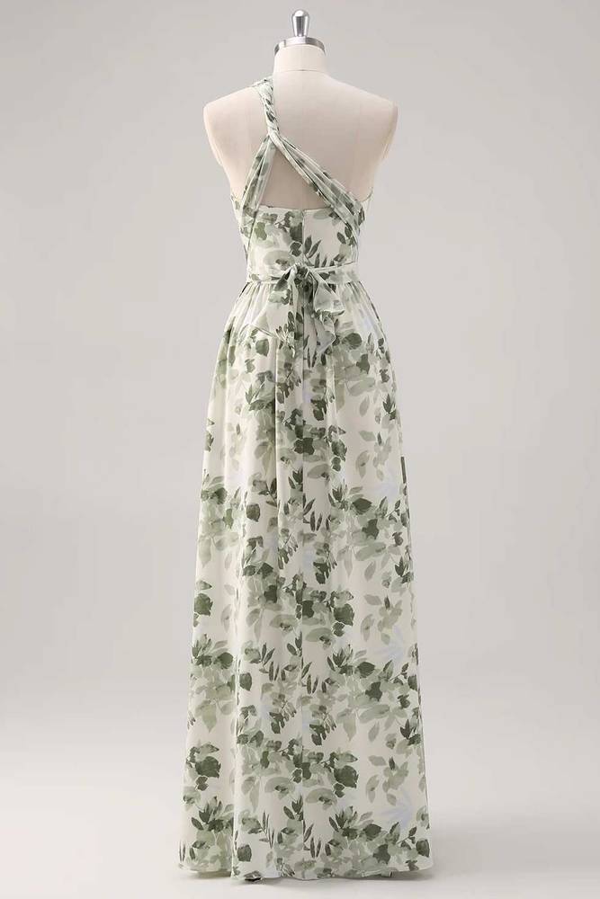Asymmetrical Straps Green Floral Print Corset A-Line Prom Dress