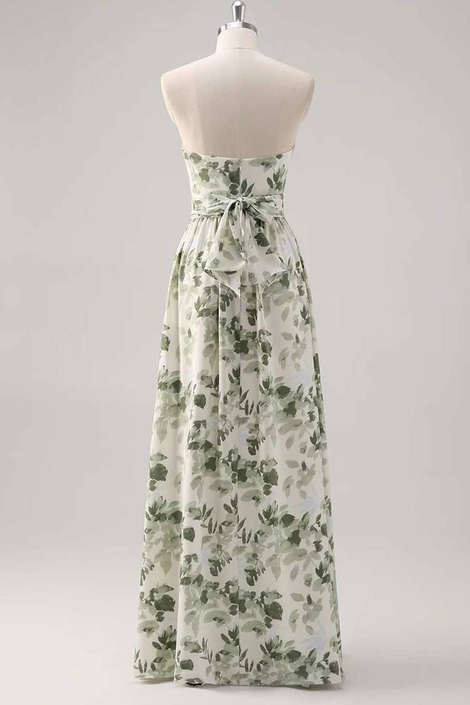 Asymmetrical Straps Green Floral Print Corset A-Line Prom Dress
