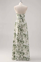 Asymmetrical Straps Green Floral Print Corset A-Line Prom Dress