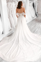 White Off-the-Shoulder Appliques Tulle Long Wedding Dress