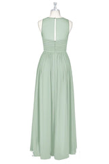 Dusty Sage Illusion Neck Pleated Chiffon Long Bridesmaid Dress