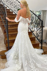 Ivory Tulle Appliques Off-the-Shoulder Trumpet Long Wedding Dress