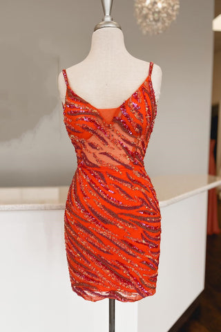 Orange Sequin-Embroidery V-Neck Short Party Dress