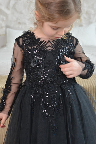 Black Tulle Sequin-Embroidery Backless A-Line Flower Girl Dress with Bow