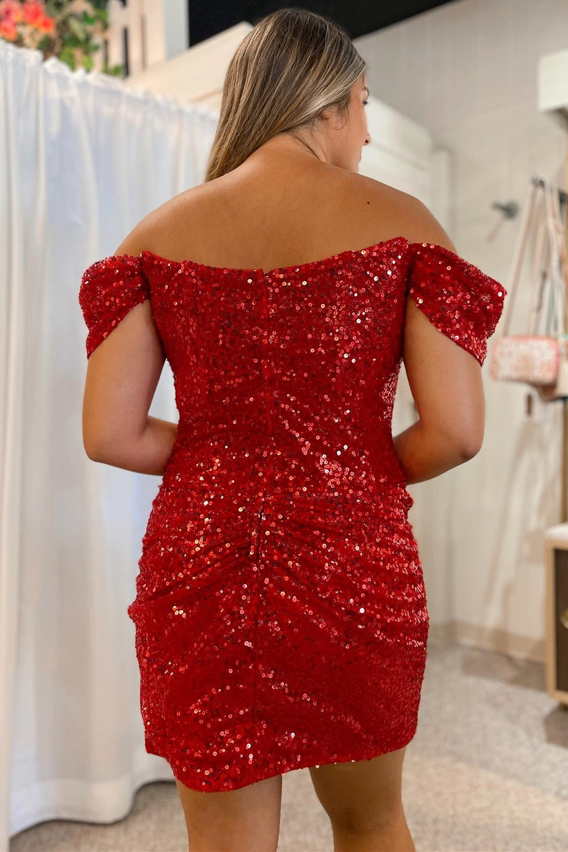 Red Sequin Off-the-Shoulder Ruched Homecoming Dress