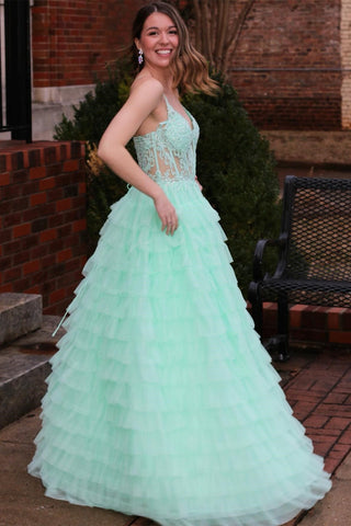 Hot Pink Appliques Spaghetti Strap Ruffle Tiered Long Prom Dress