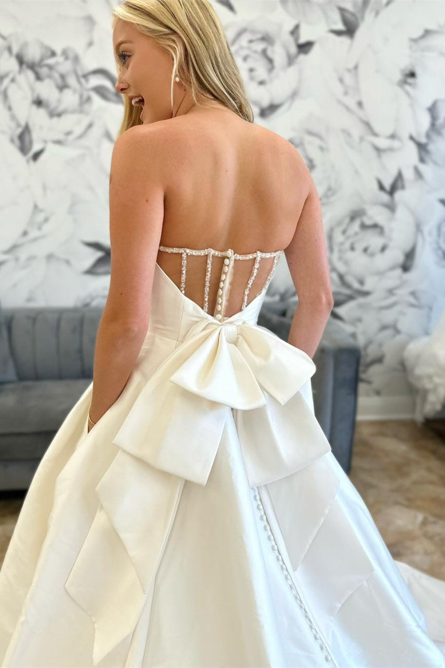 White Strapless Sheer Back Long Wedding Dress with Bow