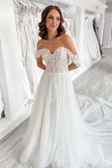 White Off-the-Shoulder Appliques Tulle Long Wedding Dress