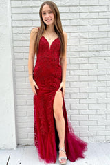 Floral Appliques V-Neck Lace-Up Mermaid Long Formal Dress with Slit