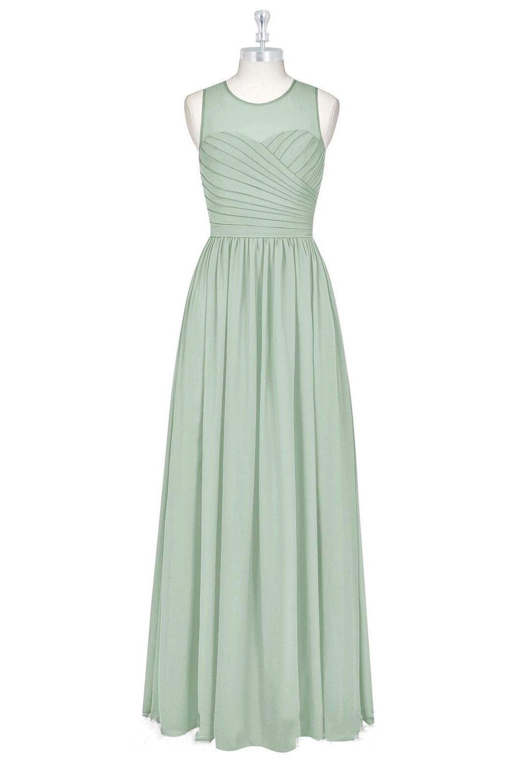 Dusty Sage Illusion Neck Pleated Chiffon Long Bridesmaid Dress