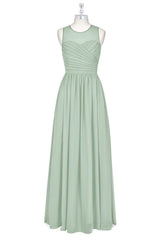 Dusty Sage Illusion Neck Pleated Chiffon Long Bridesmaid Dress