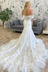 Ivory Tulle Appliques Off-the-Shoulder Trumpet Long Wedding Dress