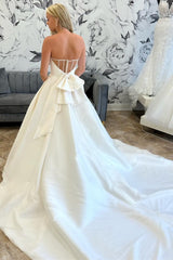 White Strapless Sheer Back Long Wedding Dress with Bow