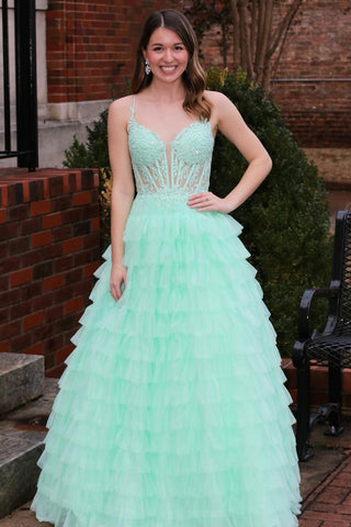 Hot Pink Appliques Spaghetti Strap Ruffle Tiered Long Prom Dress