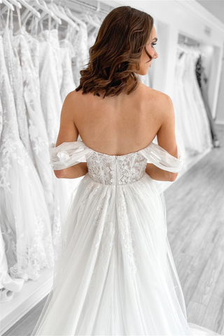White Off-the-Shoulder Appliques Tulle Long Wedding Dress