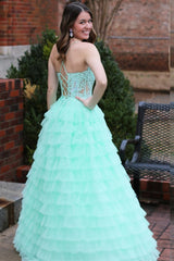 Hot Pink Appliques Spaghetti Strap Ruffle Tiered Long Prom Dress