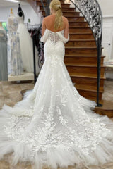 Ivory Tulle Appliques Off-the-Shoulder Trumpet Long Wedding Dress