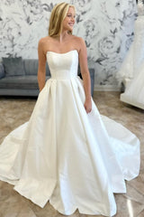 White Strapless Sheer Back Long Wedding Dress with Bow