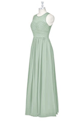 Dusty Sage Illusion Neck Pleated Chiffon Long Bridesmaid Dress