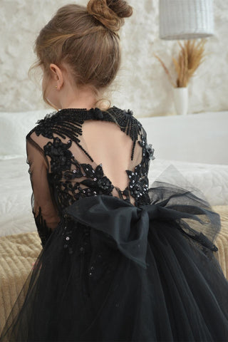 Black Tulle Sequin-Embroidery Backless A-Line Flower Girl Dress with Bow