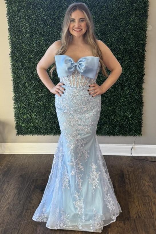 Light Blue Oversize Bowknot Strapless Mermaid Prom Dress with Sequin Applique