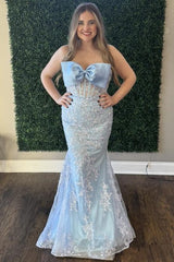 Light Blue Oversize Bowknot Strapless Mermaid Prom Dress with Sequin Applique