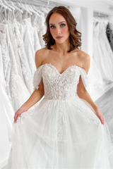 White Off-the-Shoulder Appliques Tulle Long Wedding Dress