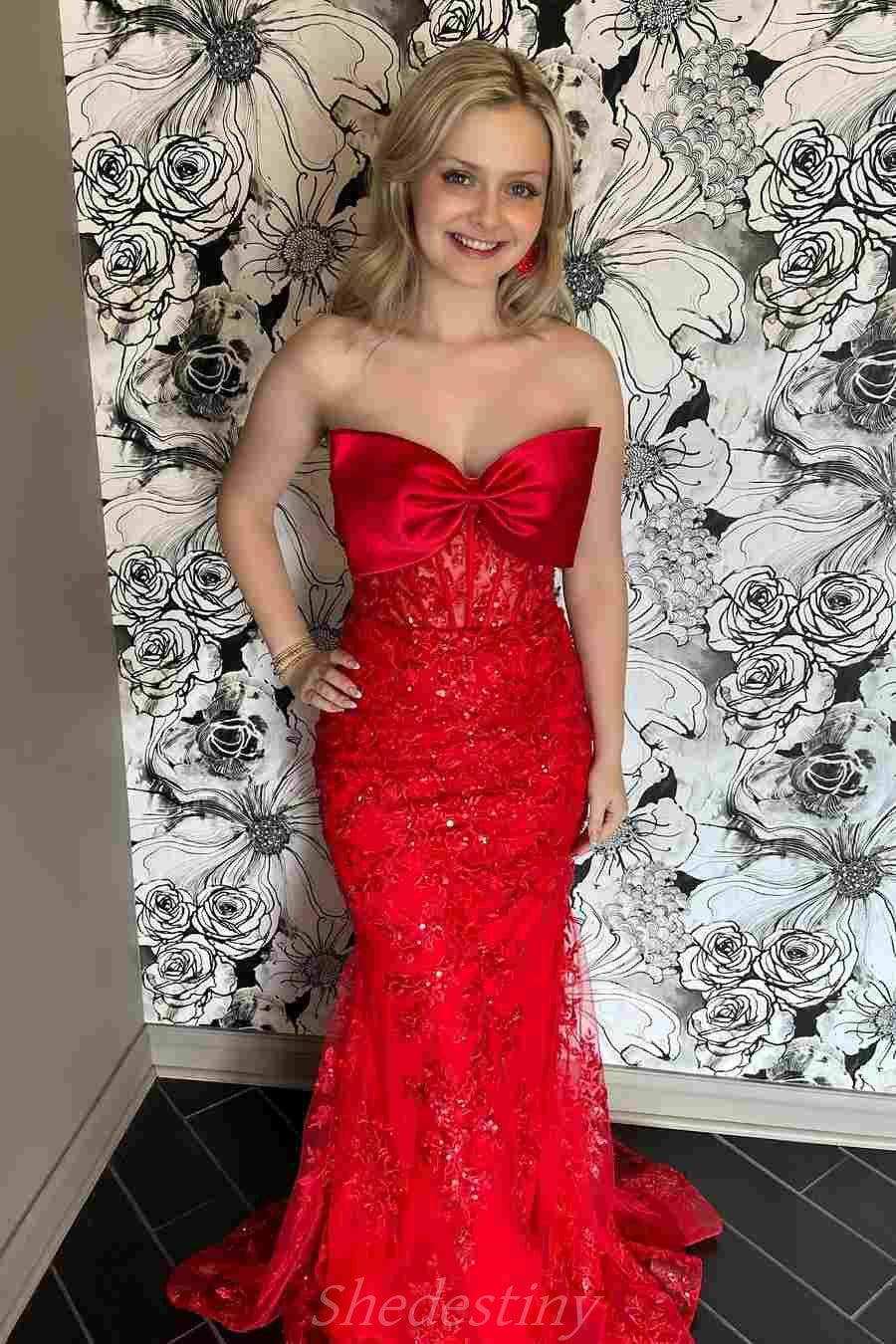 Red Oversize Bowknot Strapless Mermaid Prom Dress with Sequin Applique