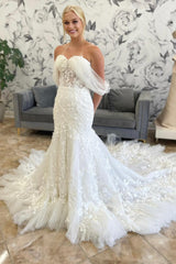 Ivory Tulle Appliques Off-the-Shoulder Trumpet Long Wedding Dress