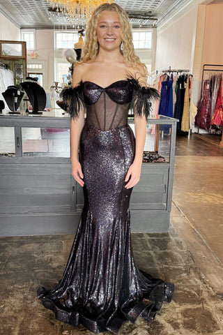 Black Sequin Feather Sheer Bodice Trumpet Long Gown