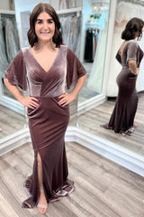 Brown Velvet Surplice Half Sleeve Mermaid Mother's Gown