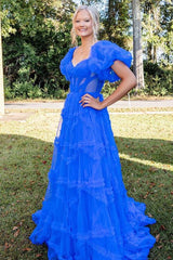 Blue Tulle Off-the-Shoulder Puff Sleeves A-Line Long Prom Dress with Ruffles