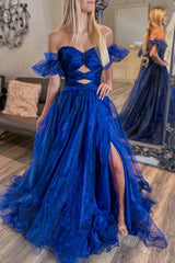 Blue Strapless Cutout Long Prom Dress with Detachable Sleeves