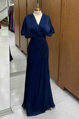 Navy Blue V-Neck Batwing Sleeve Empire Waist Maxi Prom Dress