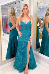 Spaghetti Straps Mermaid Jade Floor-Length Prom Dress with Applique