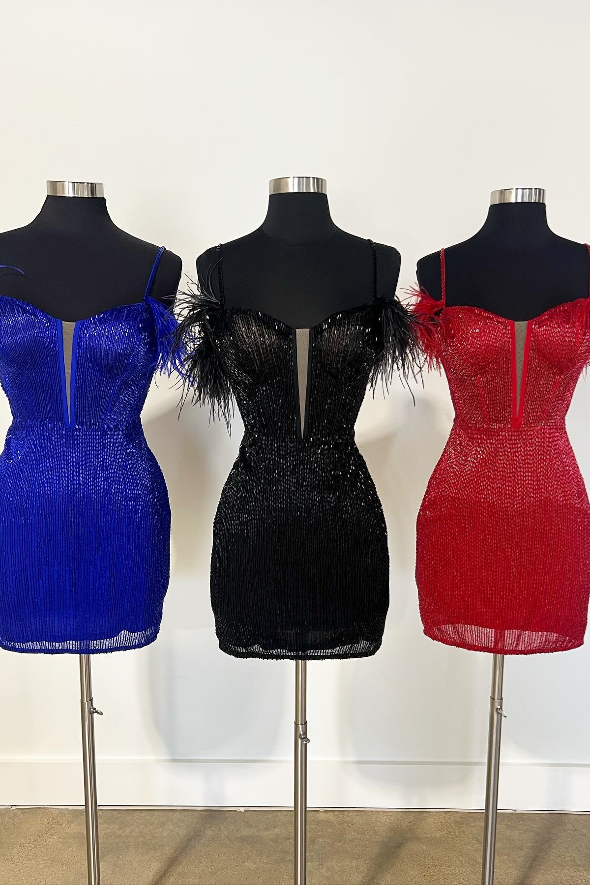Royal Blue & Black & Red Sequins Deep V Neck Straps Homecoming Dress with Feathers