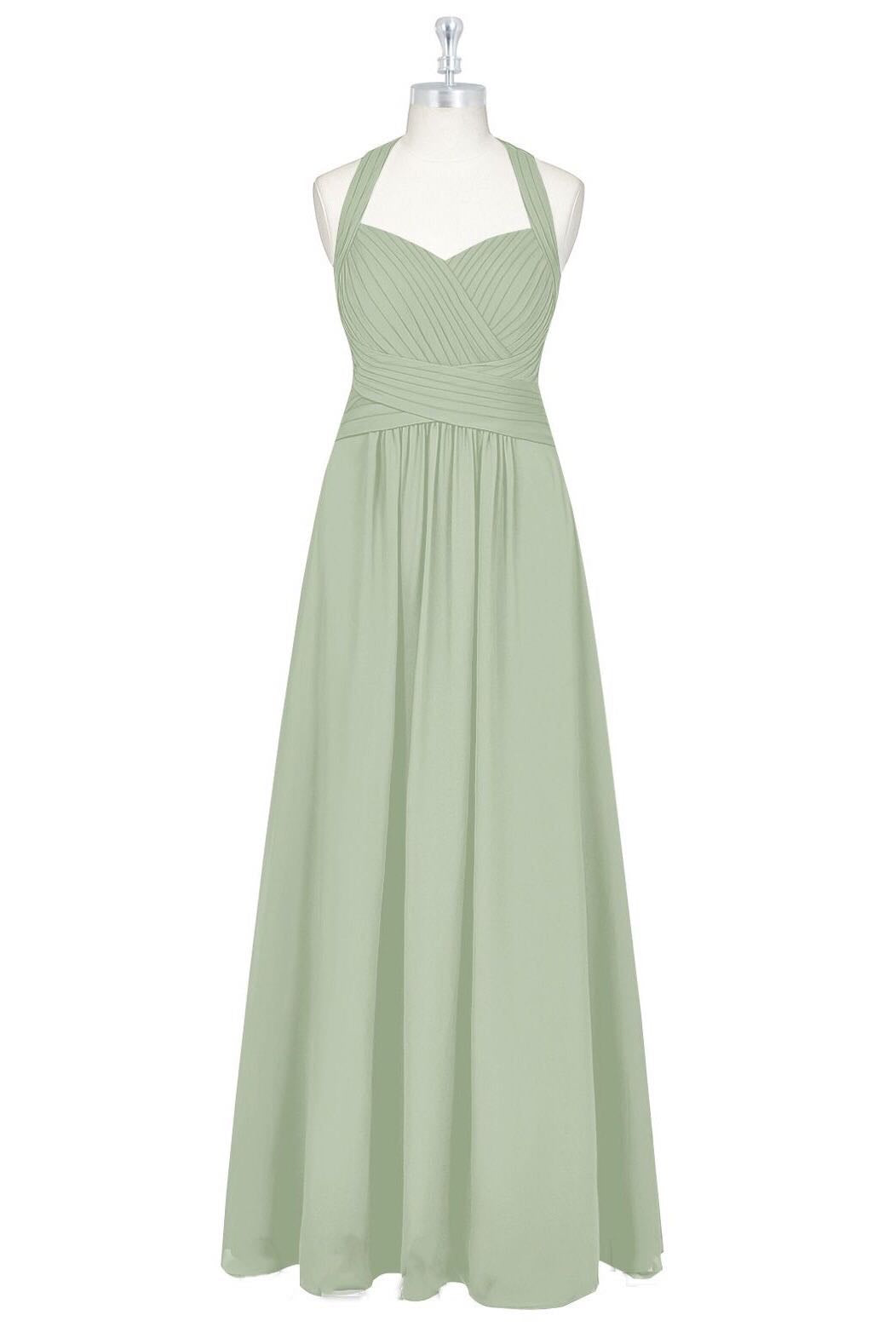 Dusty Sage Halter Pleated Chiffon Long Bridesmaid Dress