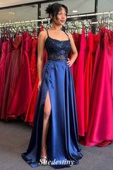 Spaghetti Straps Navy A-Line Slit Prom Dress with Sequins
