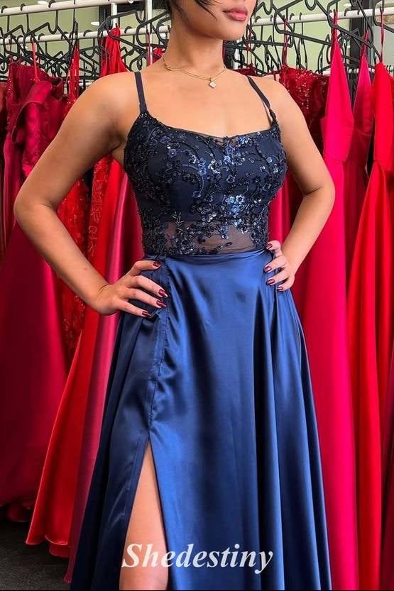 Spaghetti Straps Navy A-Line Slit Prom Dress