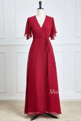 Burgundy Chiffon Surplice Neck Long Bridesmaid Dress