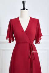 Burgundy Chiffon Surplice Neck Long Bridesmaid Dress