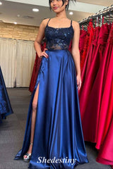  Navy A-Line Slit Prom Dress with Sequins