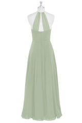 Dusty Sage Halter Pleated Chiffon Long Bridesmaid Dress